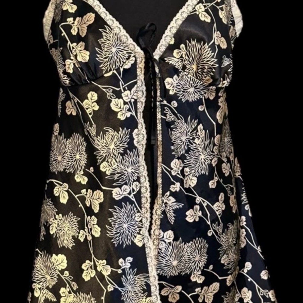 Victoria's Secret Black Satin Chemise with Ivory Floral Lace